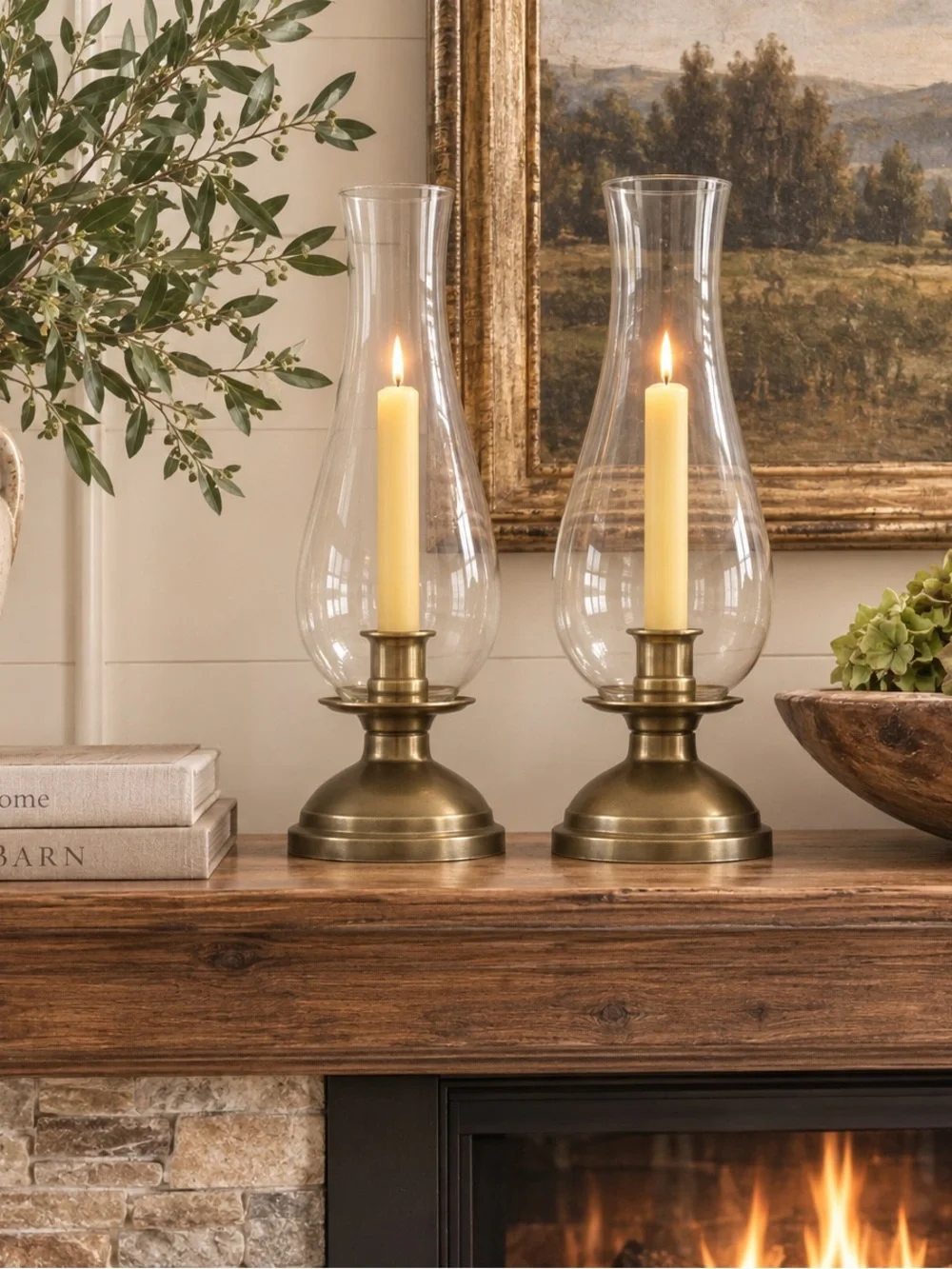 2 Vintage Glass Hurricane Lamps Brass Candle Holders with Cream Taper Candles